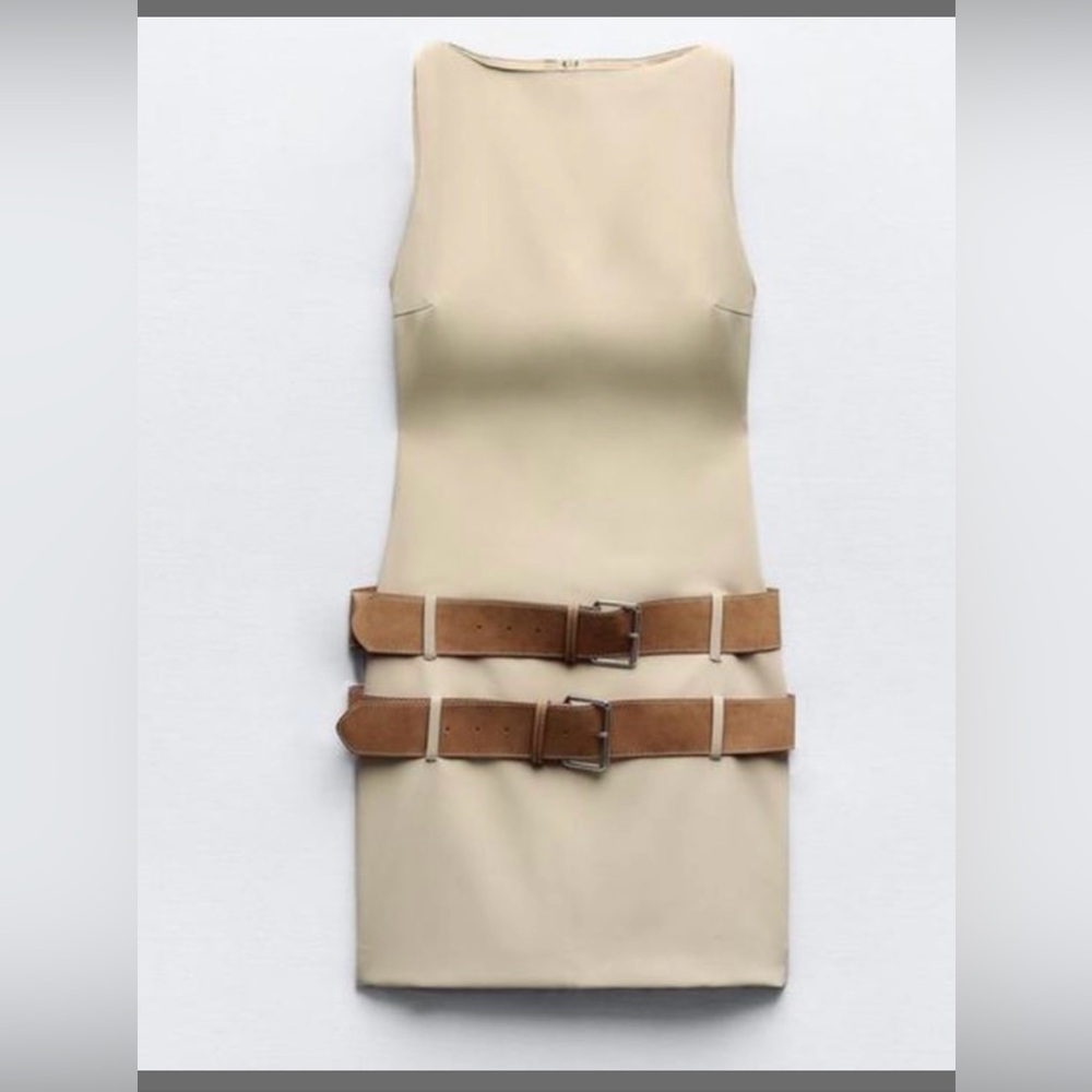 Zara double buckle beige mini dress